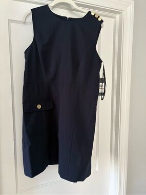 BCBG Navy Sleeveless Shift Dress with Gold Buttons